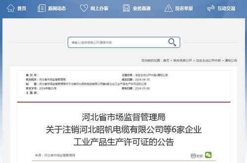 河北省市场监督管理局关于注销河北昭帆电缆等6家企业工业产品生产许可证的公告